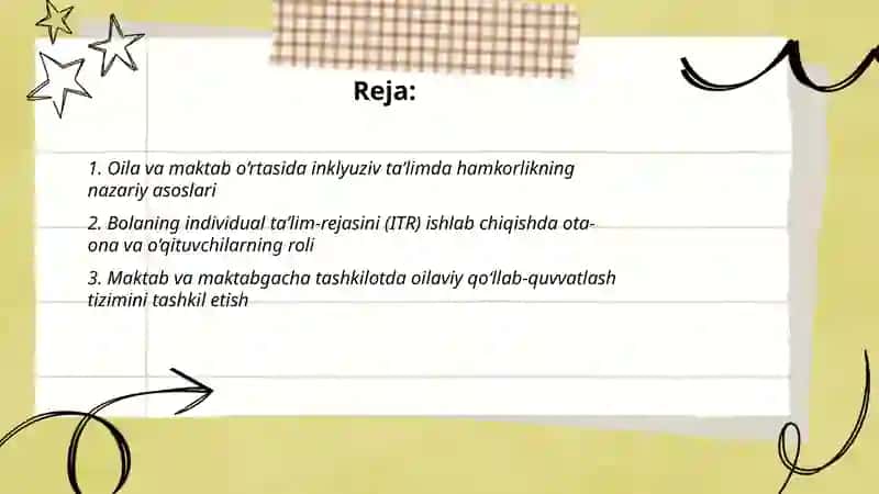 Alohida yordamga muhtoj bolani umumtaʼlim maktabi yoki maktabgacha tashkilotda inklyuziv taʼlim sharoitida oʻqishga moslashishida oila va maktabni oʻrni 2