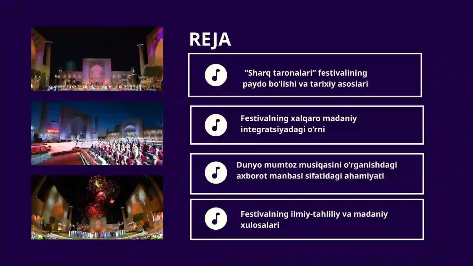 “SHARQ TARONALARI” XALQARO MUSIQA FESTIVALI DUNYO MUMTOZ MUSIQASINING AXBOROT MANBASI 2