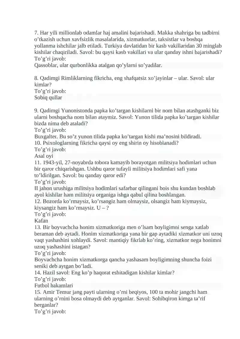 201ta mantiqiy savollar javoblari bilan 2