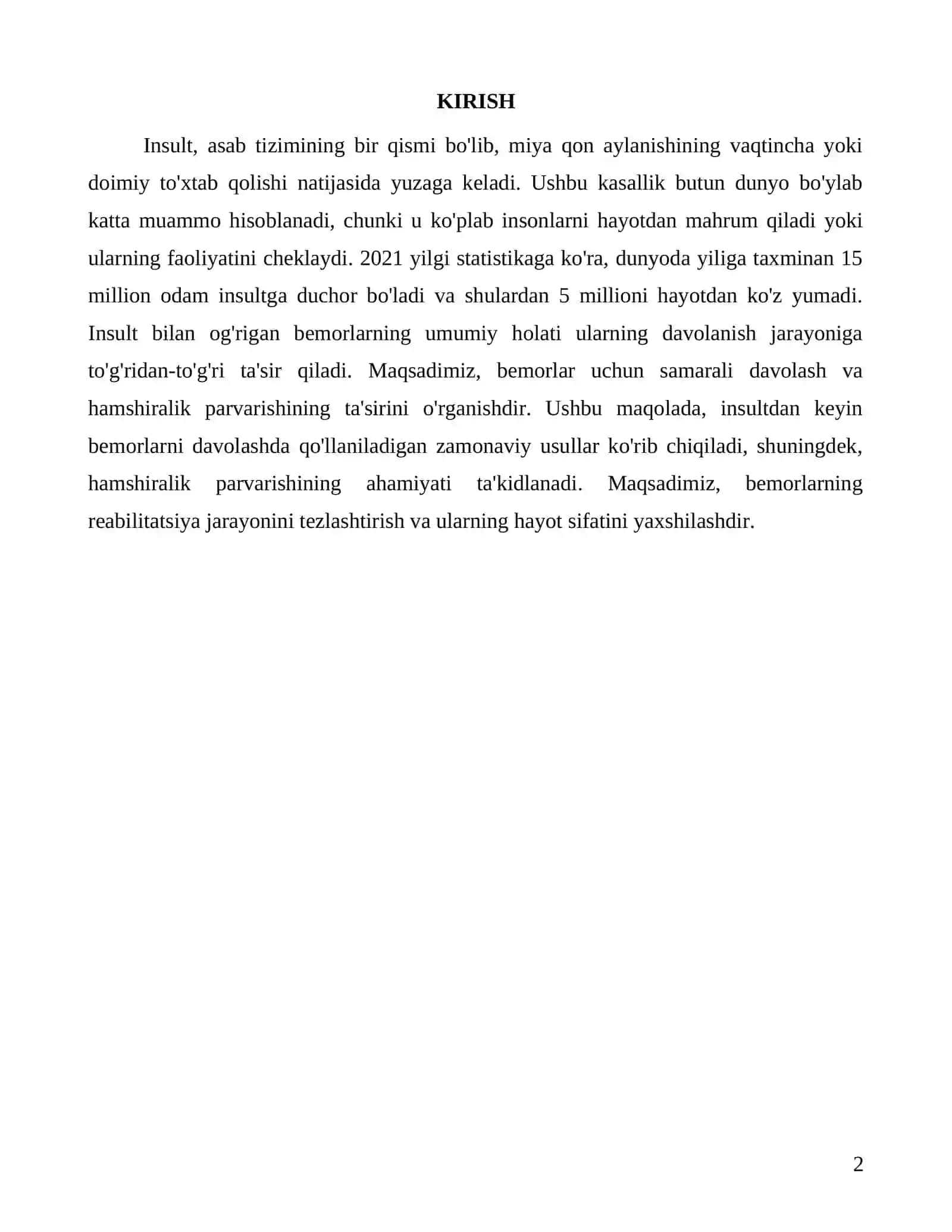 Insult bilan og'rigan bemorlarni davolash va hamshiralik parvarishi 2