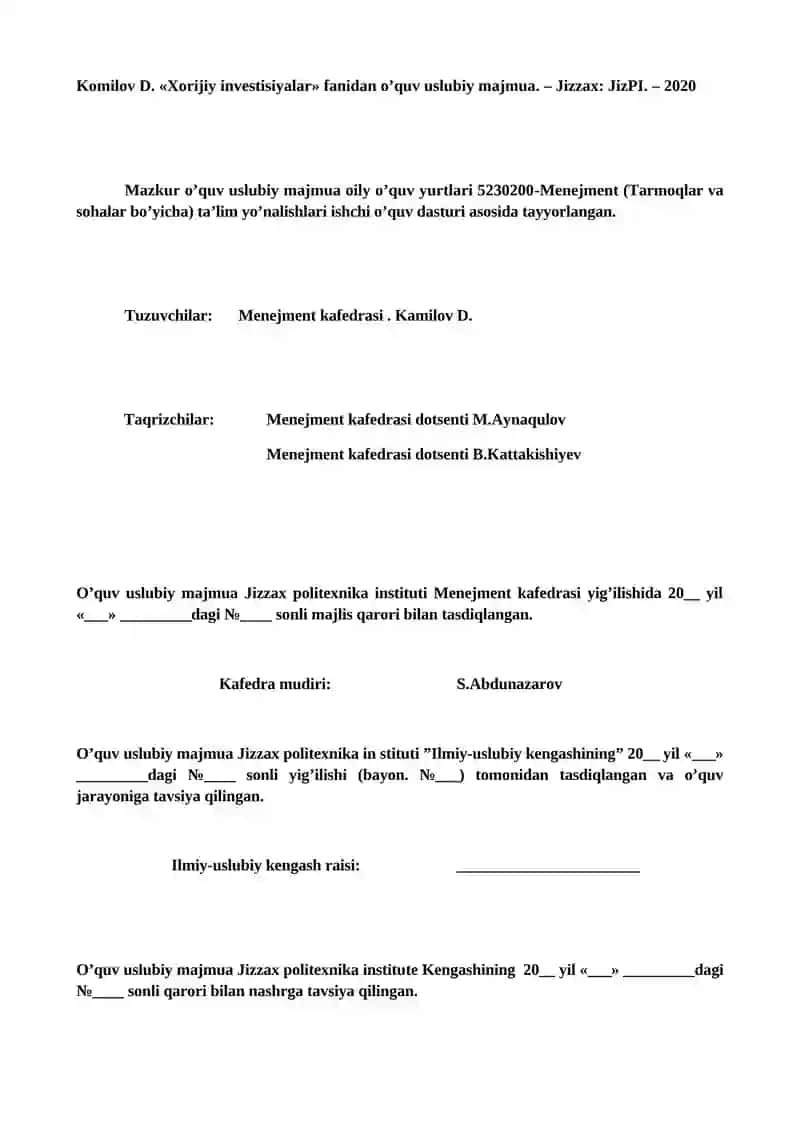 Xorijiy investisiyalarni o'rganish 2