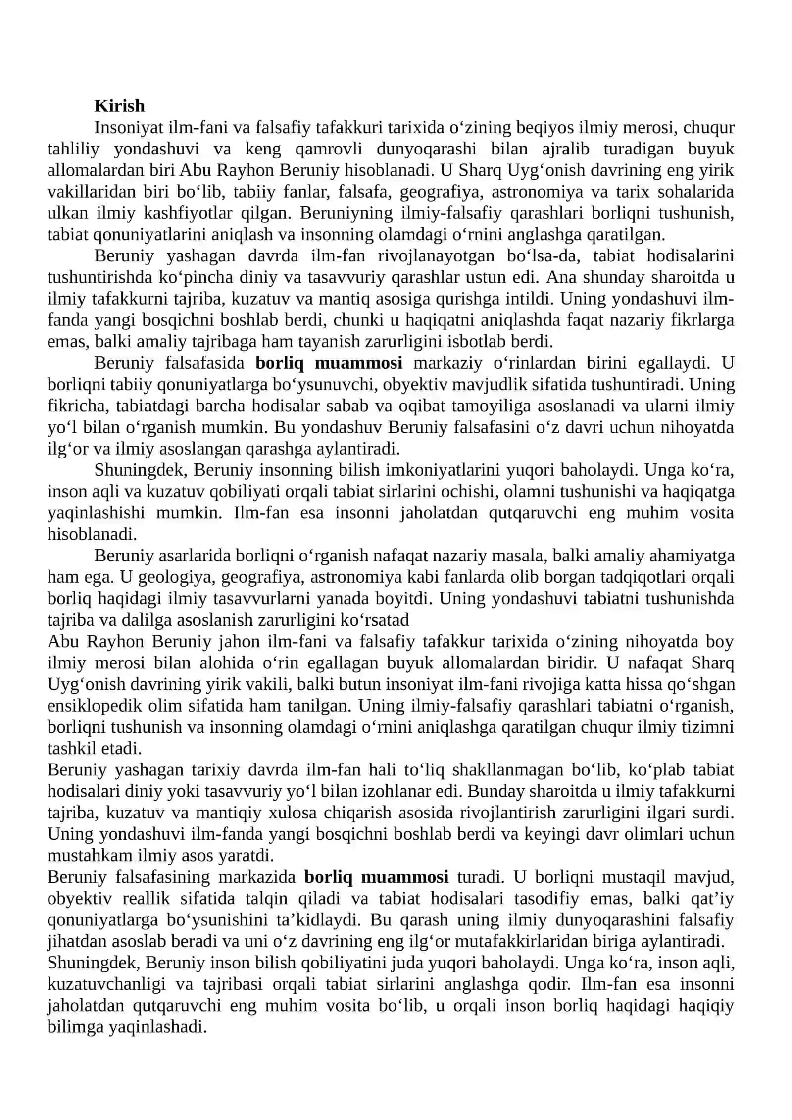 Beruniy falsafiy qarashlari va uning asarlaridagi borliq muammosining 2
