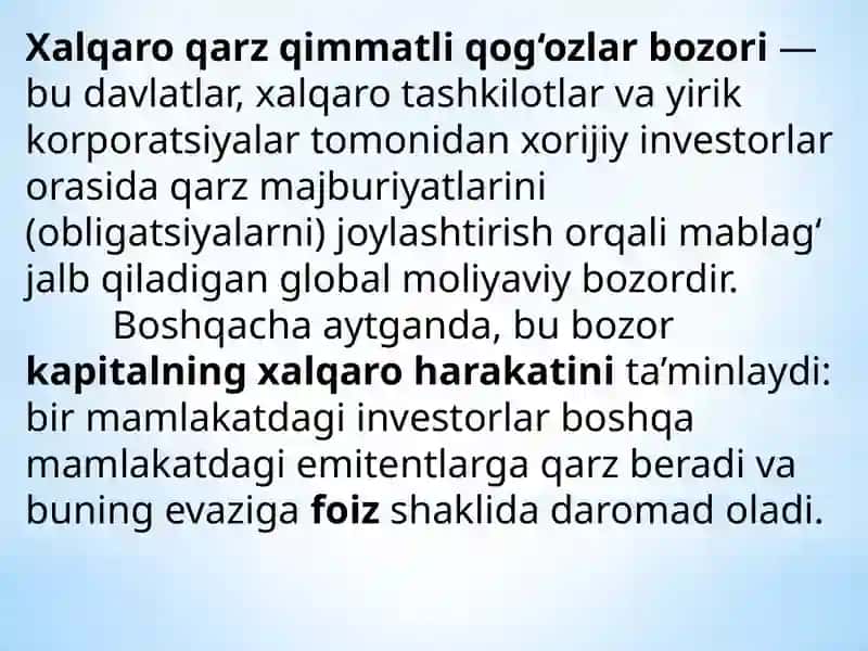 8-mavzu.Xalqaro qarz qimmatli qog‘ozlar bozori. Evroobligatsiyalar 2