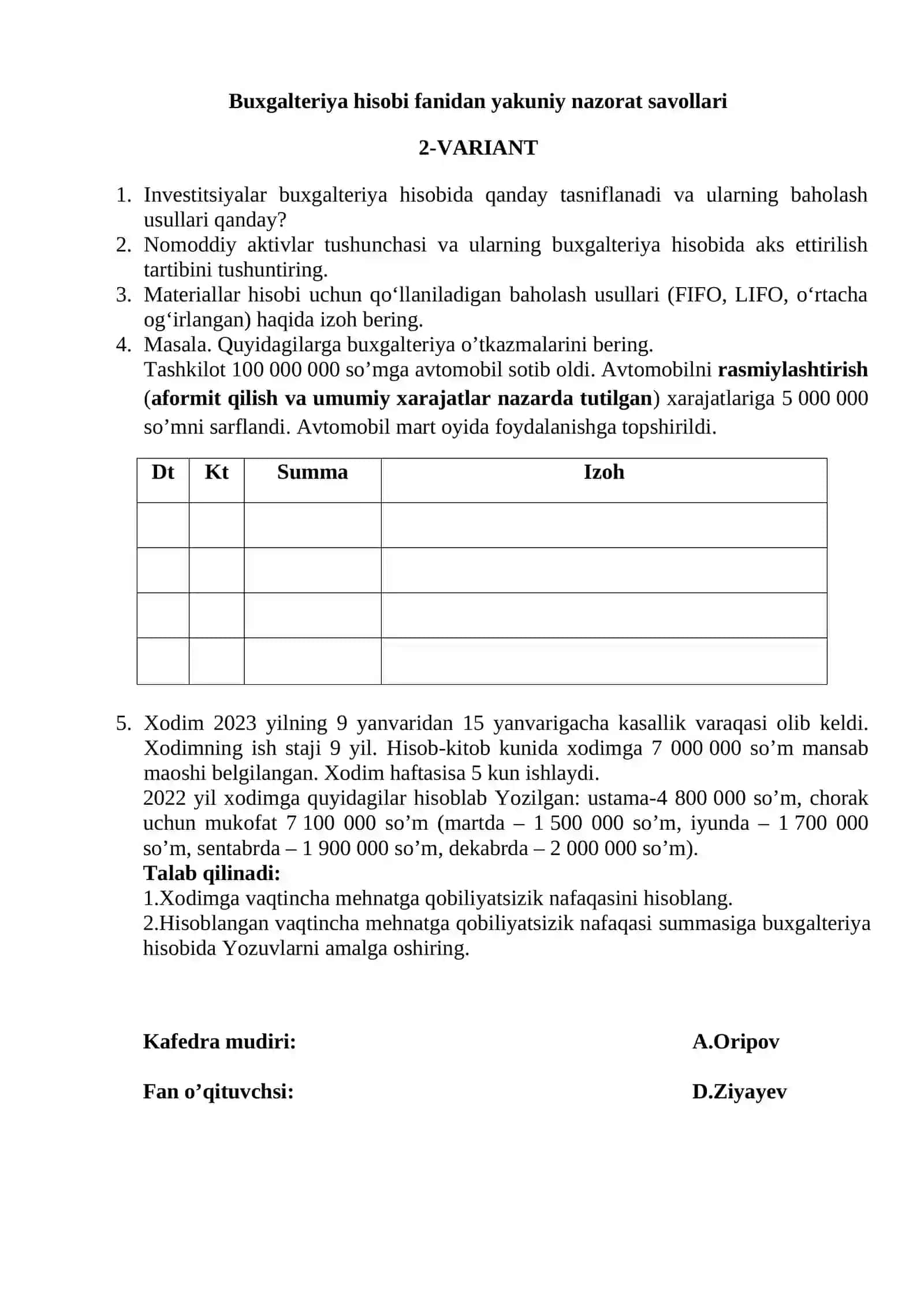 Buxgalteriya hisobi fanidan yakuniy nazorat savollari 2