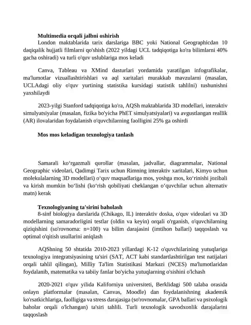 Samarali texnik vositalar (masalan, proyektorlar, interaktiv doskalar, 15 ta noutbuk) 2
