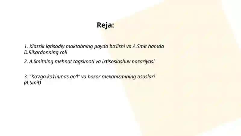 Klassik iqtisodiy maktabning tola shakillanishi A.Smit va D.Rikardolarning iqtisodiy talimlari 2