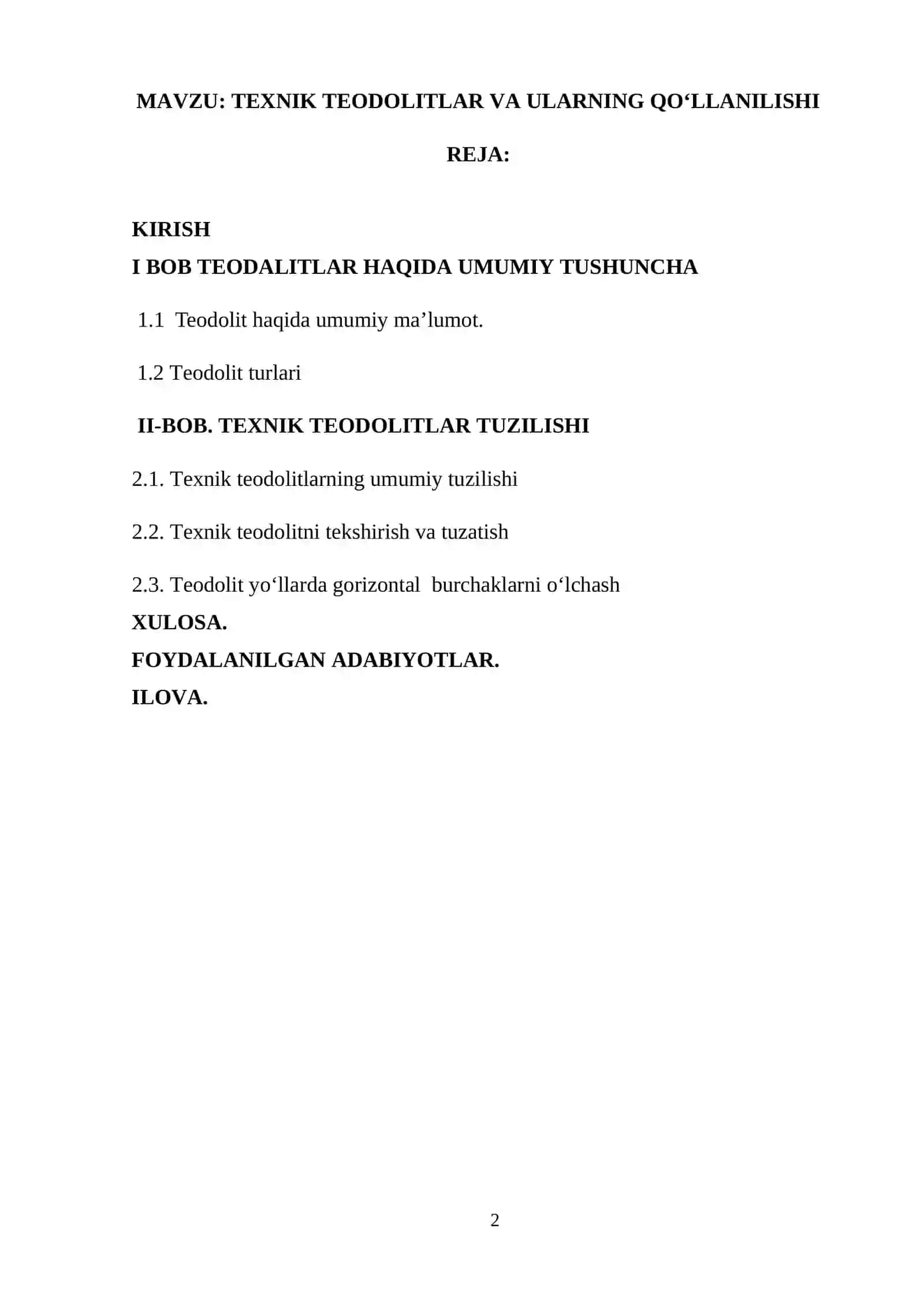 TEXNIK TEODOLITLAR VA ULARNING QO‘LLANILISHI Kurs ishi 2
