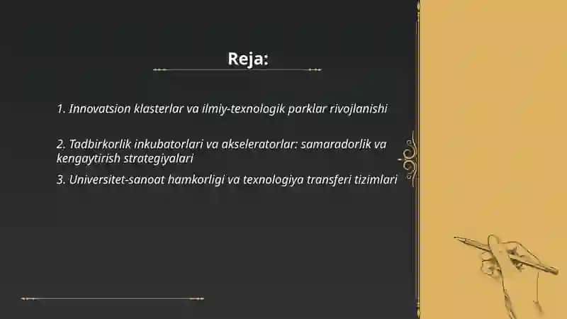 Innovatsion tadbirkorlikni rivojlantirish va qoʻllab quvvatlash infratuzilmasi 2