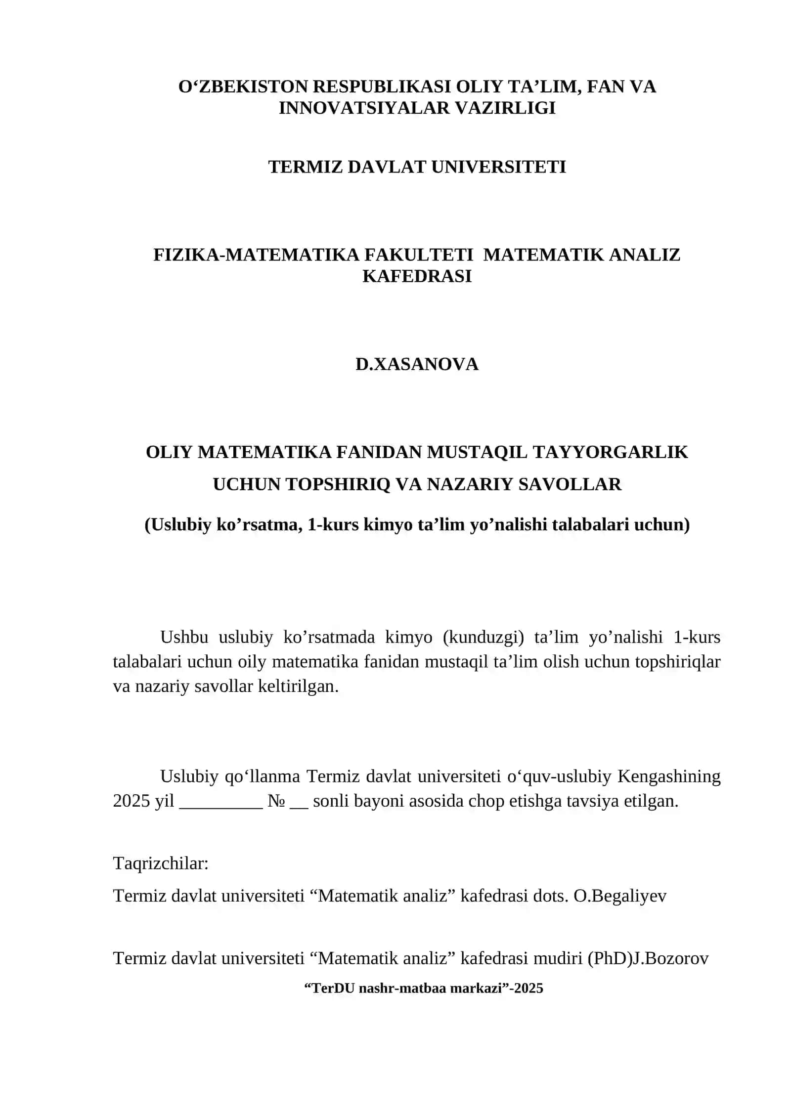 OLIY MATEMATIKA FANIDAN MUSTAQIL TAYYORGARLIK UCHUN TOPSHIRIQ VA NAZARIY SAVOLLAR 2