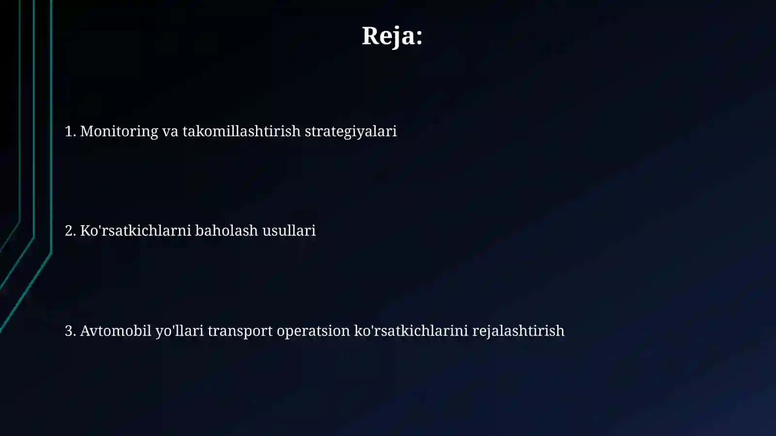 Avtomobil yoʻllarining transport ekspluatsion koʻrsatkichlarini rejalashtirish 2