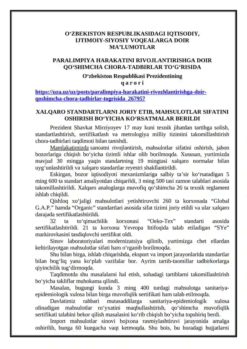 O‘ZBEKISTON RESPUBLIKASIDAGI IQTISODIY, IJTIMOIY-SIYOSIY VOQEALARGA DOIR MA’LUMOTLAR 2