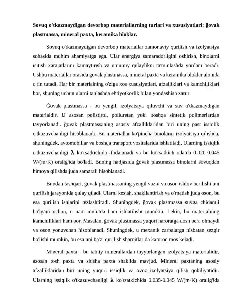 Sovuq òtkazmaydigan devorbop materiallar ğovak plastmassa meniral paxtadan devorbop materiallar keramik bloklar 2