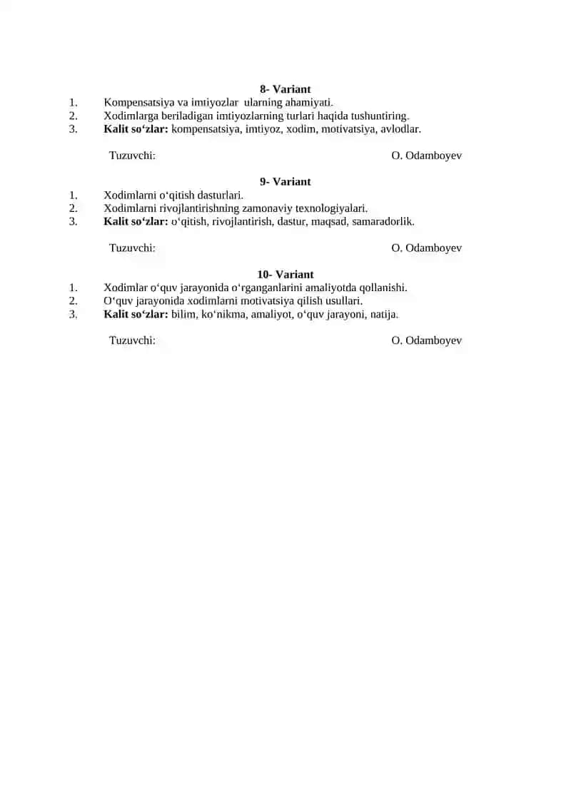 Inson resurslari boshqarish fanidan oraliq nazorat savollari 2