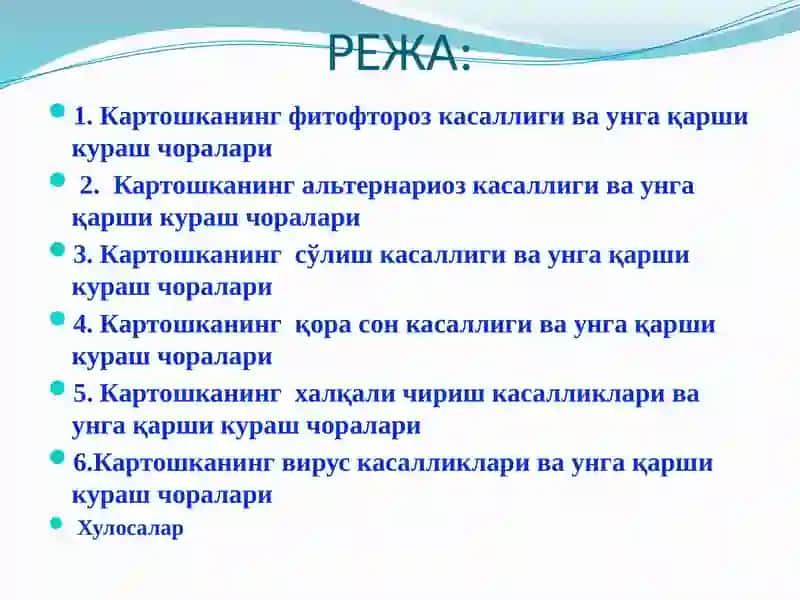 КАРТОШКА КАСАЛЛИКЛАРИ ВА УЛАРГА  ҚАРШИ КУРАШ ЧОРАЛАРИ 2