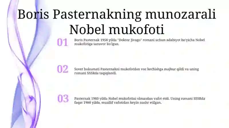Boris Pasterkan Olgan Nobel Mukofotlari Haqida Ruscha Malumotli Slayd 2