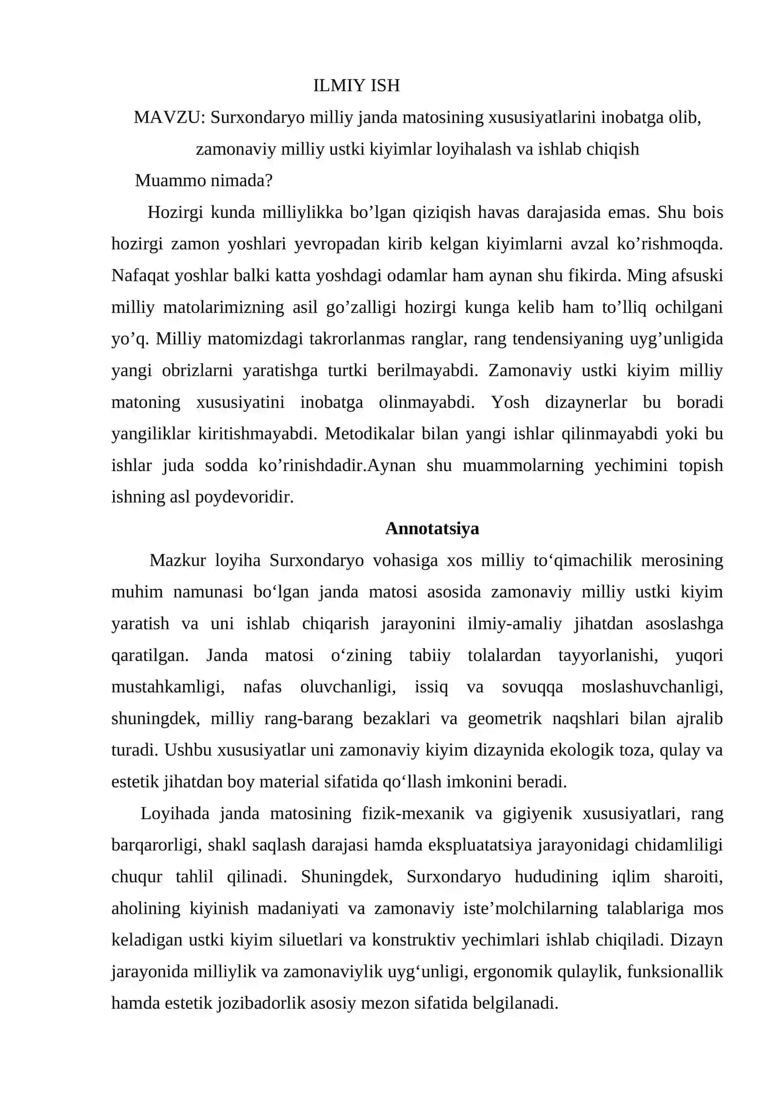 Surxondaryo milliy janda matosining xususiyatlarini inobatga olib, zamonaviy milliy ustki kiyimlar loyihalash va ishlab chiqish 2