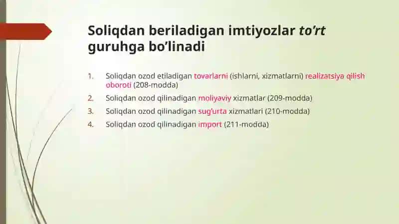 Soliqdan ozod etiladigan tovarlarni(ishlarni, xizmatlarni) 2