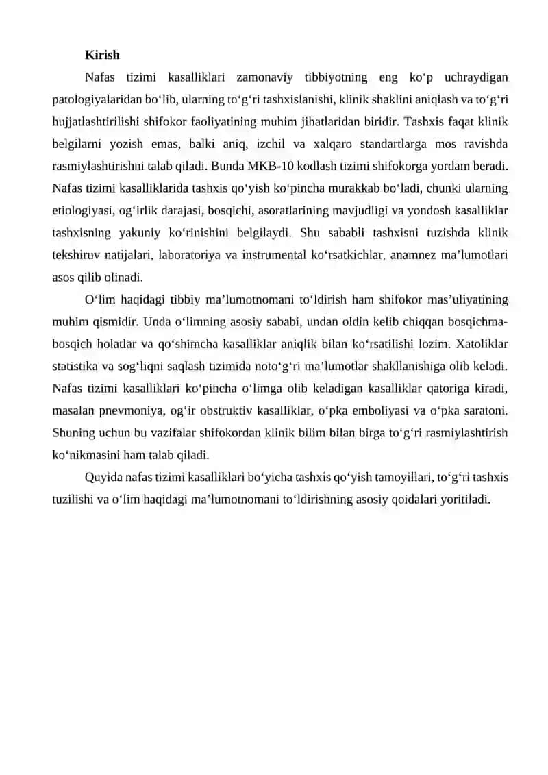 Nafas tizimi a’zolari kasalliklari bo‘yicha diagnozlar tuzish va o‘lim haqidagi ma’lumotnomani to‘ldirish 2