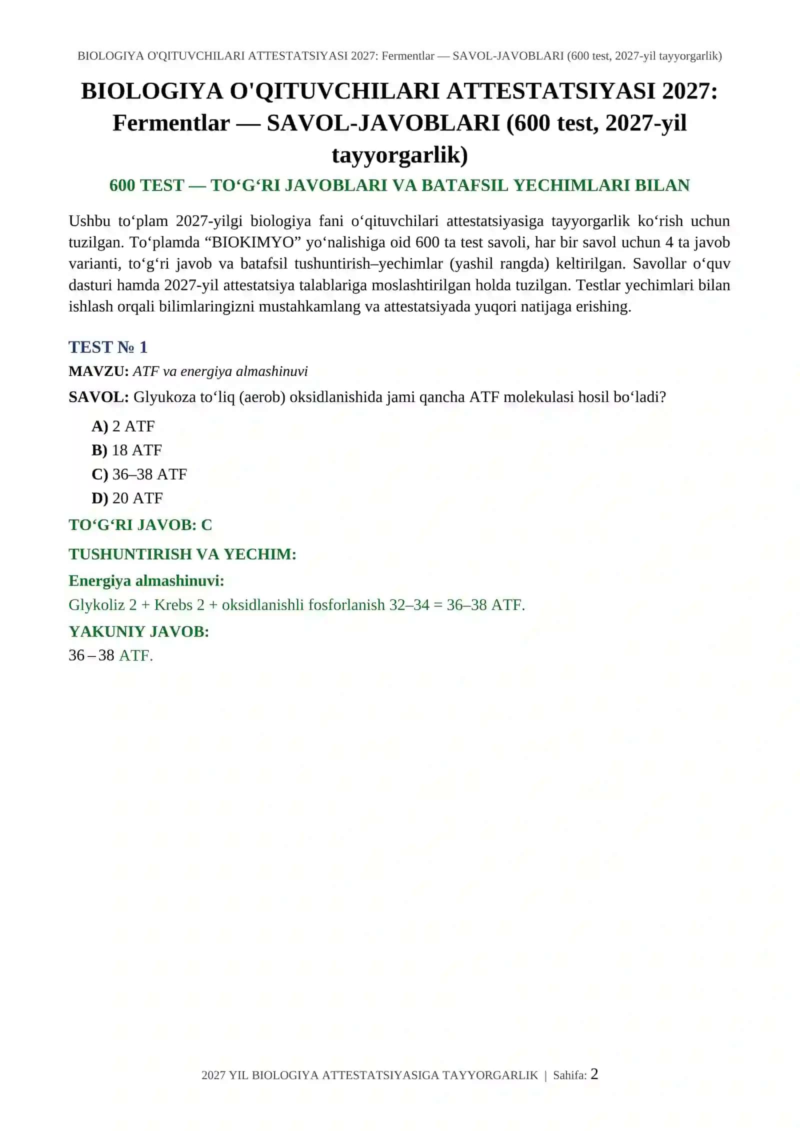 BIOLOGIYA O'QITUVCHILARI ATTESTATSIYASI 2027: Fermentlar — SAVOL-JAVOBLARI (600 test, 2027-yil tayyorgarlik) 2
