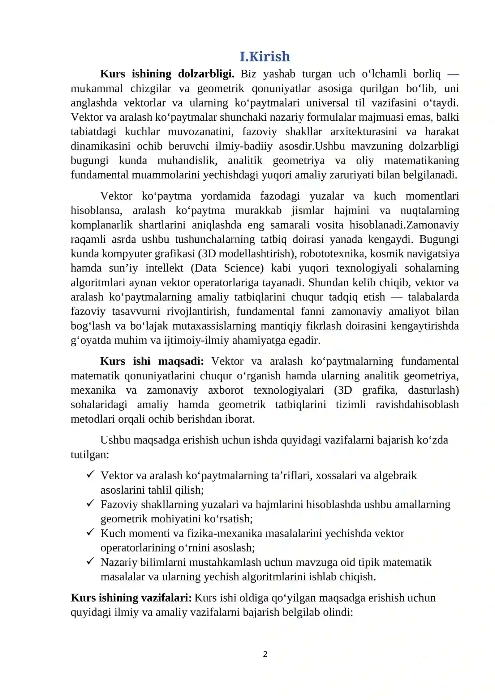 Vektor va aralash ko‘paytmalarning tatbiqlari 2
