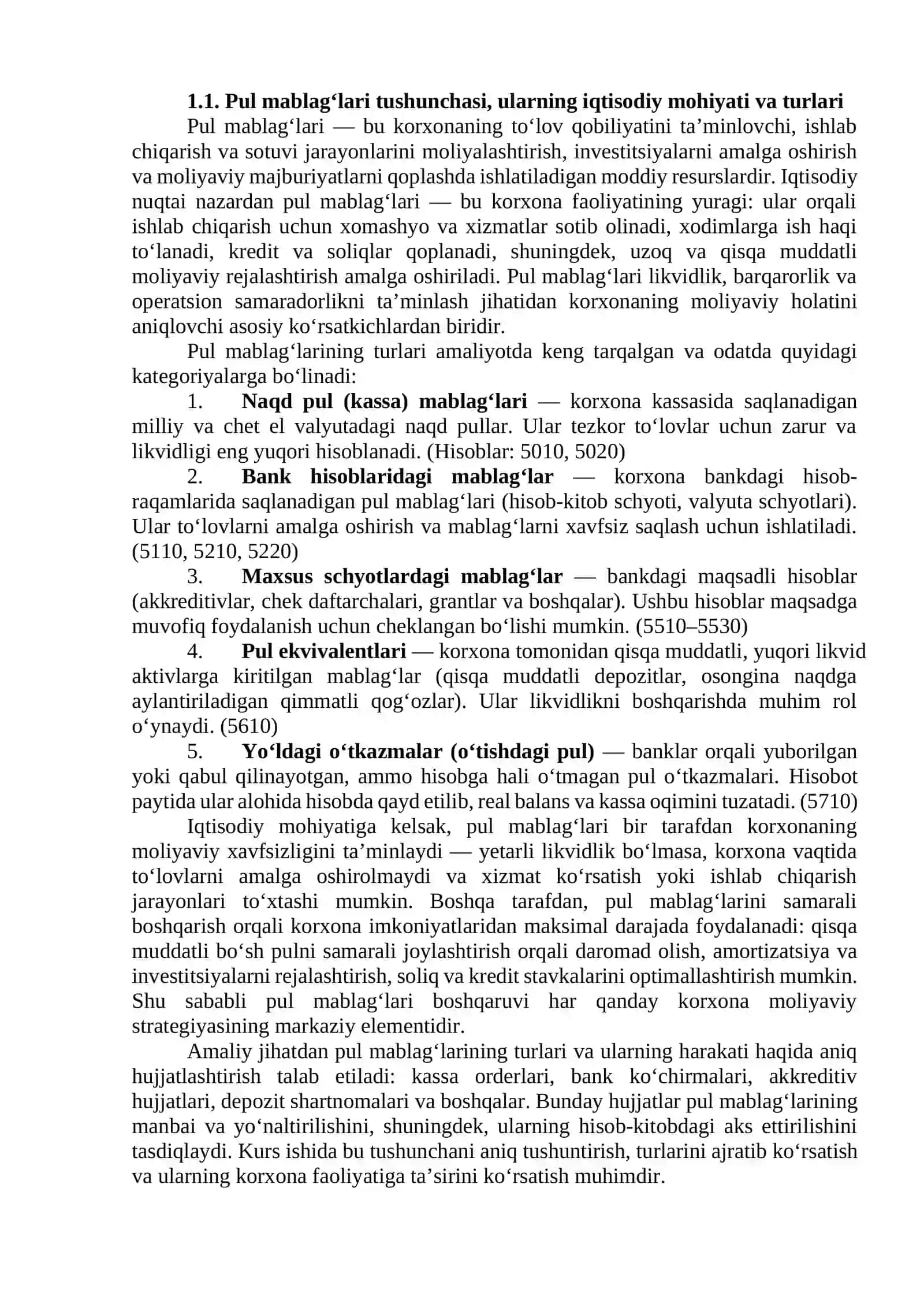 MAXSUS SCHYOTLAR, PUL EKVIVALENTLARI VA YO‘LDAGI O‘TKAZMALAR HISOBI 2