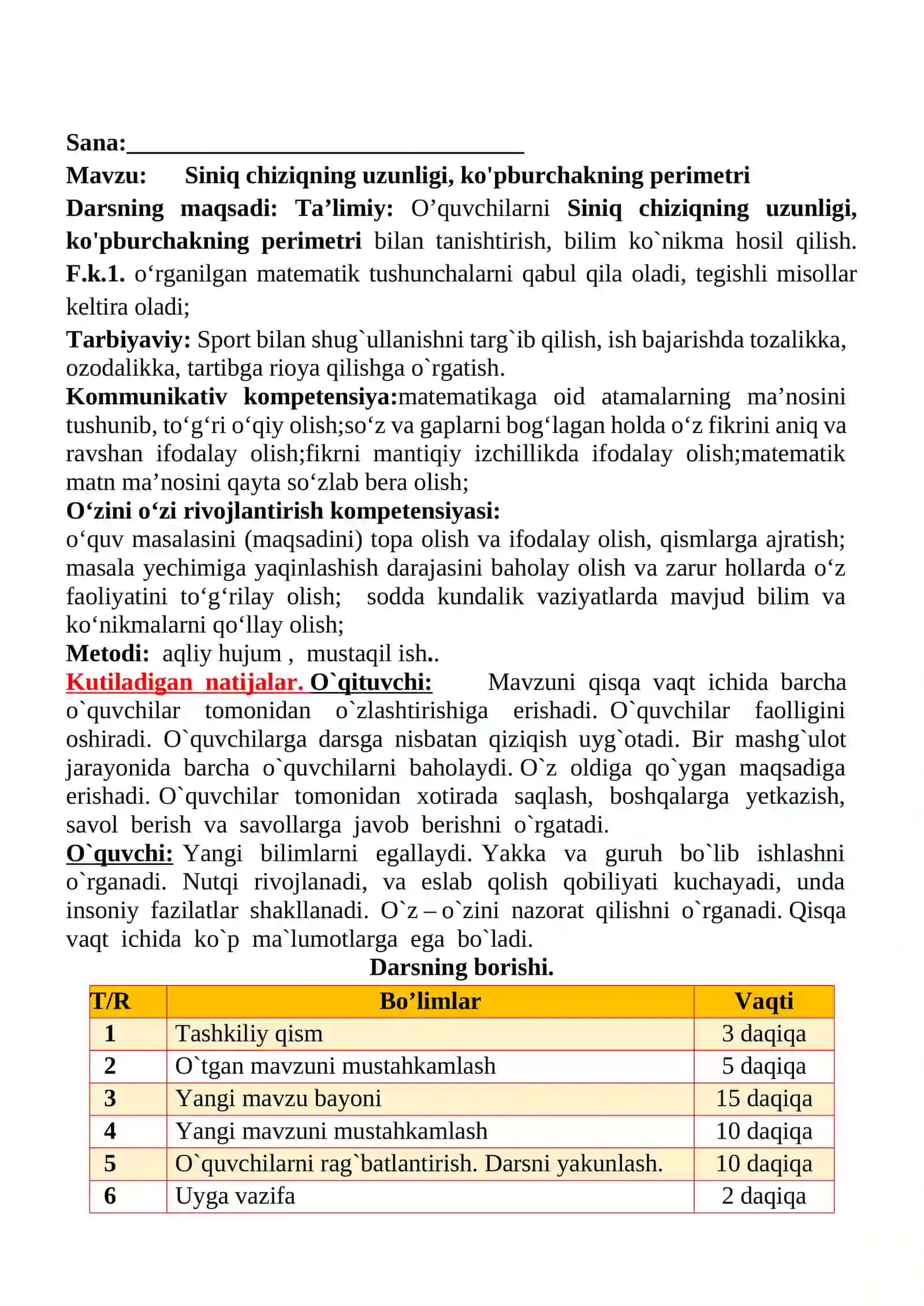 Siniq chiziqning uzunligi, ko'pburchakning perimetri mavzusida 2-sinf matematika fanidan dars ishlanmasi 2