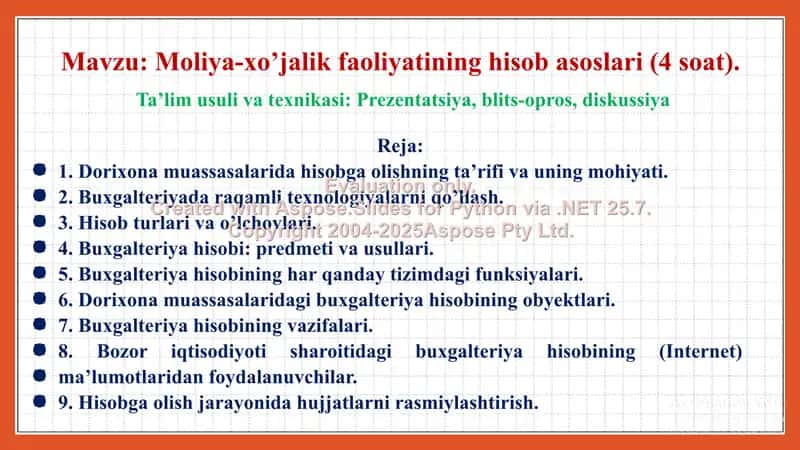 Moliya-xo’jalik faoliyatining hisob asoslari (4 soat). Taqdimot 26 bet. 2