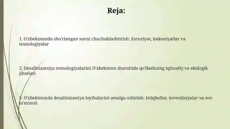 O'zbekistonda sho'rlangan suvni chuchuklashtirish: Zaruriyat, imkoniyatlar va texnologiyalar 2