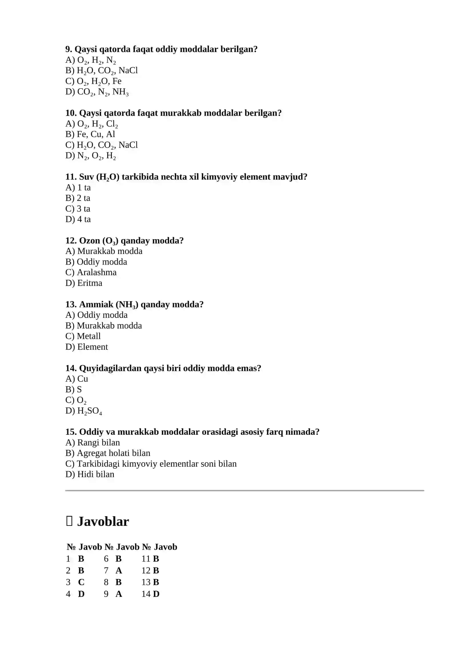 Oddiy va murakkab moddalar — 15 ta test 2