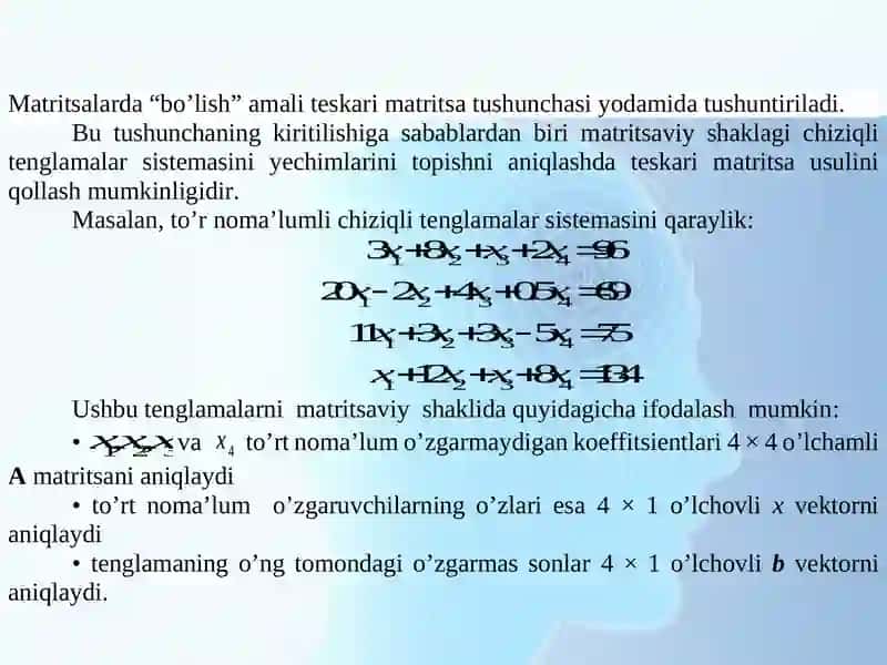CHIZIQLI TENGLAMALAR SISTEMASINI YECHISHNING MATRITSALAR USULI. KRAMER QOIDASI 2