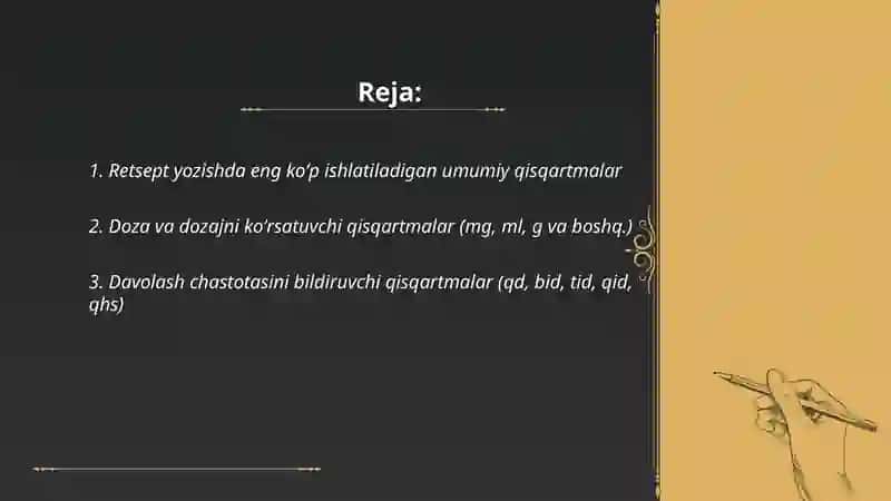 Meditsinada retsep yozishda qoʻllaniladigan qisqartma soʻzlar 2