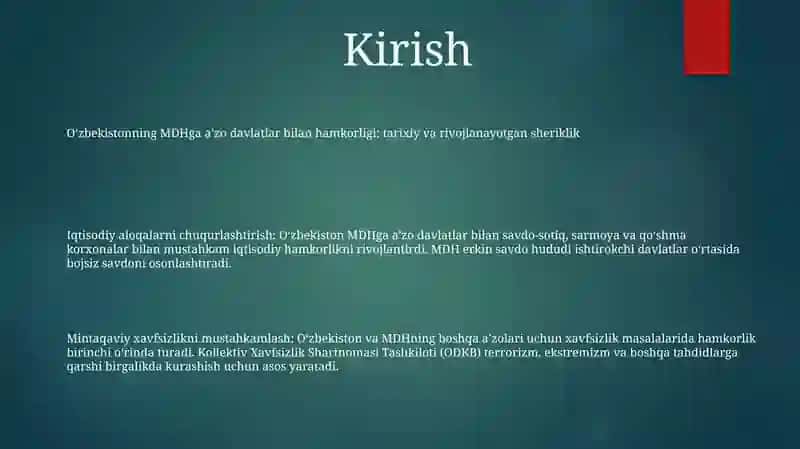 O'Zbekistonning Mdh Davlatlari Bilan O'Zaro Hamkorligi 2