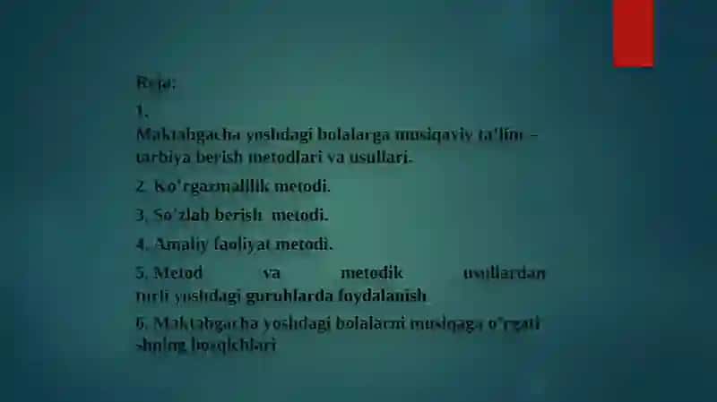 Maktabgacha tarbiya yoshidagi bolalar uchun musiqa viy tarbiyasi 2
