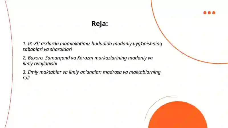 IX-XII asrlarda mamlakatimiz hududida ròy bergan madaniy uyģonish(Renessans) 2