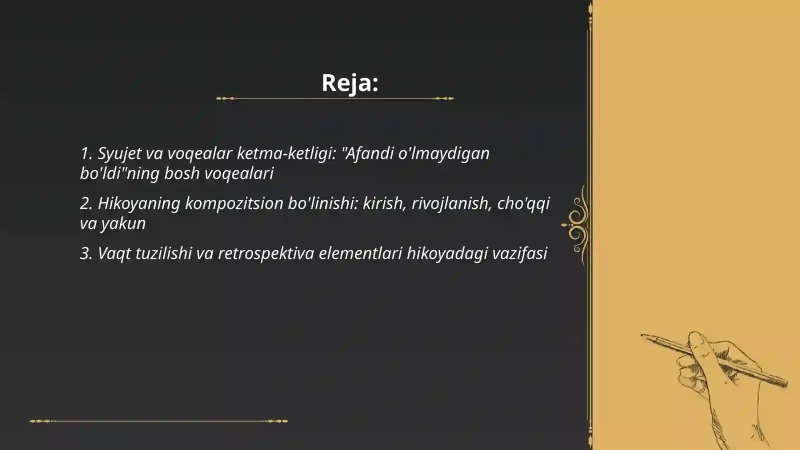 G'afur G'ulomning ''Afandi o'lmaydigan bo'ldi'' hikoyasining kompozitsion tahlili 2