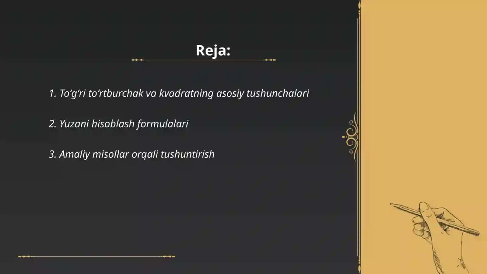 Toʻgʻri toʻrtburchak va kvadrat yuziga doir masalalar yechishga oʻrgatish metodikasi 2