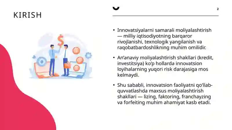 Innovatsiyalarni moliyalashtirishning maxsus shakllari (lizing, factoring, franchayzing, forfeiting) 2
