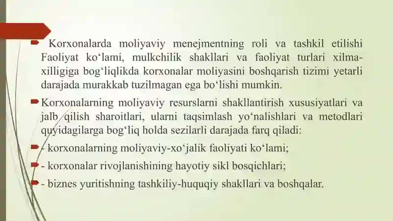 MOLIYAVIY MENEJMENTNI TASHKIL ETISH MEXANIZMI VA KORXONALARDA TASHKILIY XUSUSIYATLARI” 2