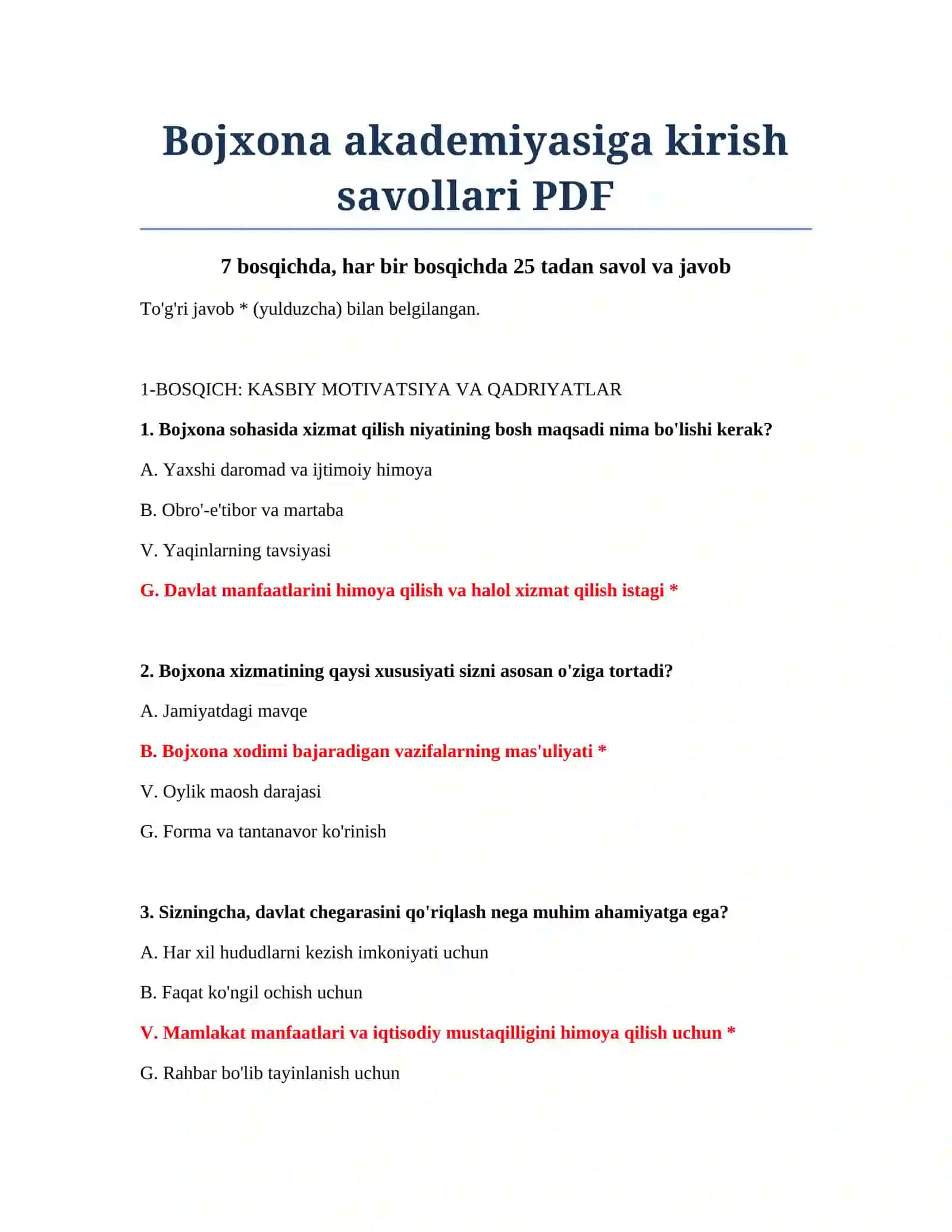Bojxona akademiyasiga kirish savollari PDF 2