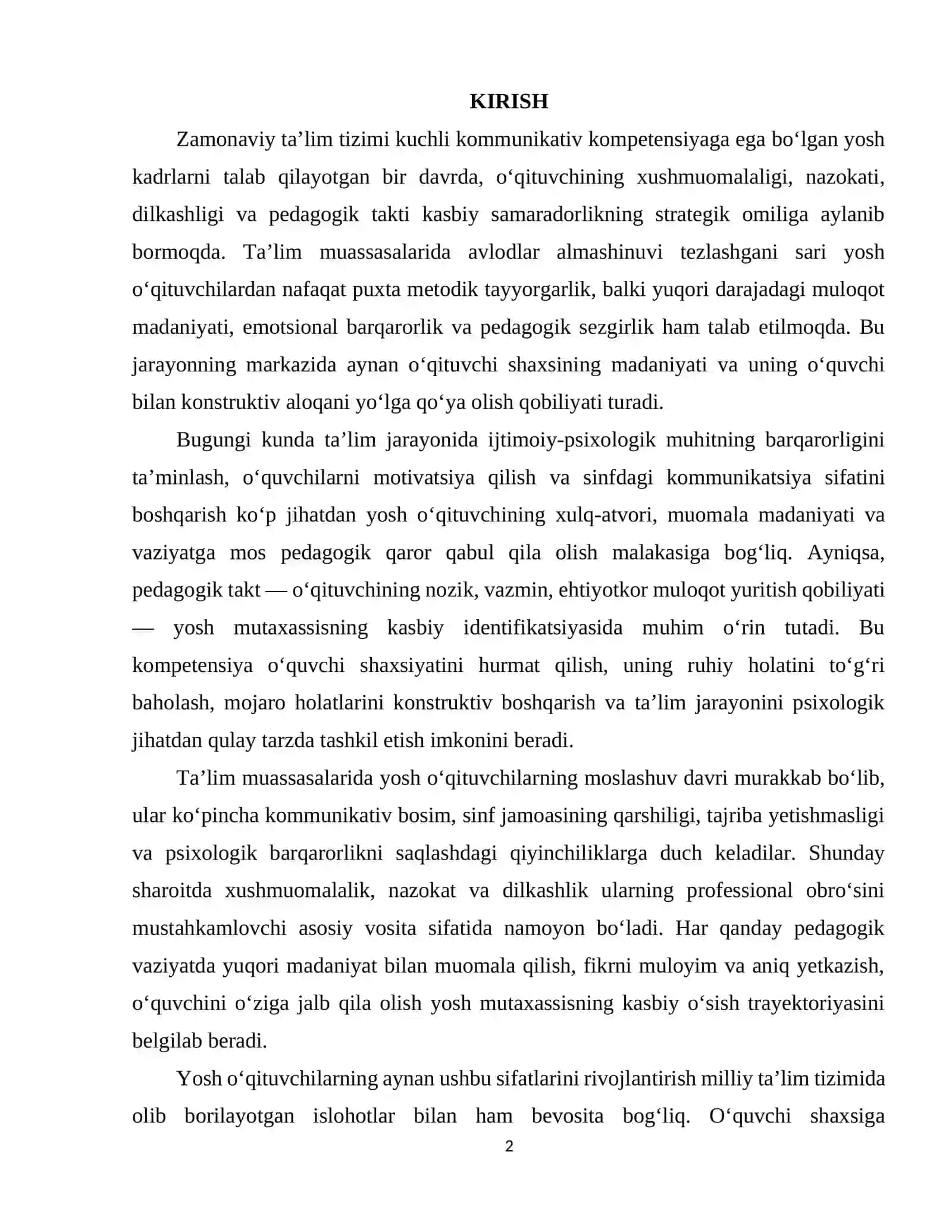 YOSH O‘QITUVCHILARDA MULOQOT MADANIYATINING NAZARIY ASOSLARI VA UNI RIVOJLANTIRISH AMALIYOTI 2