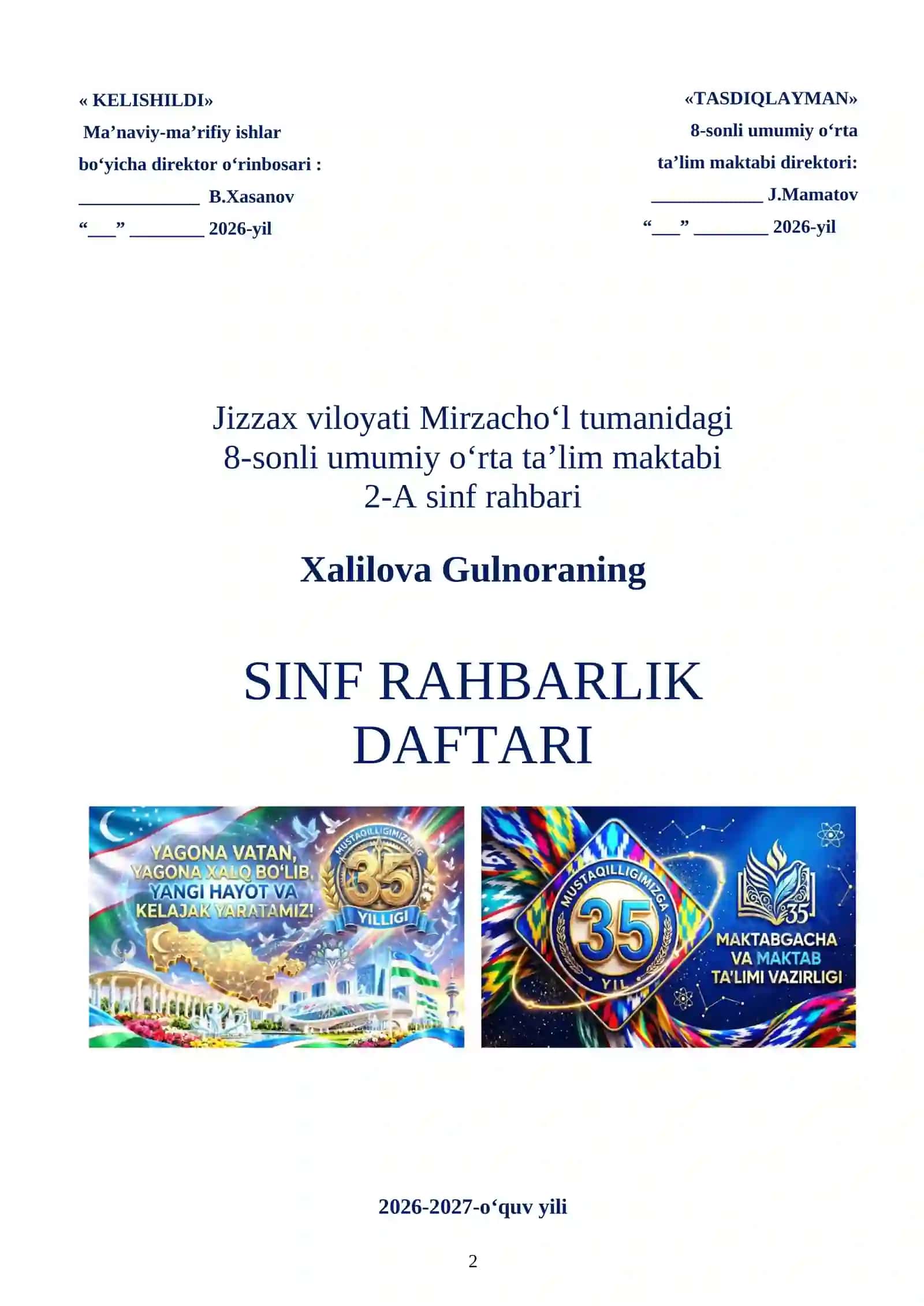Sinf rahbar daftari 2026-2027 2