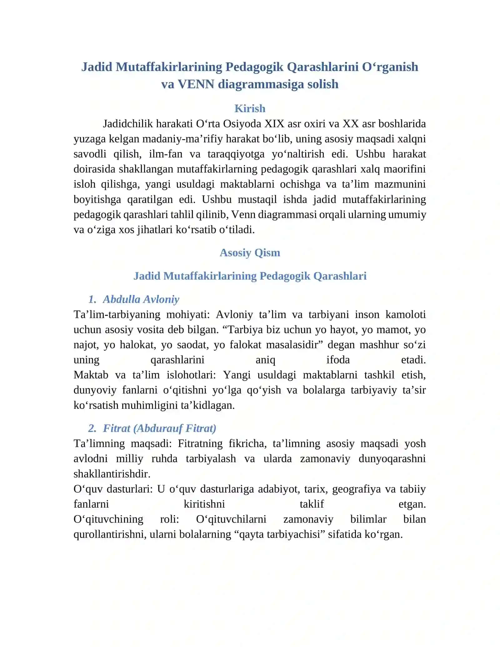 Jadid Mutaffakirlarining Pedagogik Qarashlarini O‘rganish va VENN diagrammasiga solish 2