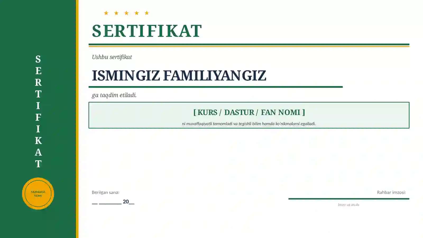Diplom, Sertifikat va Faxriy Yorliq — 4 ta Professional Shablon Paketi (PowerPoint) 2