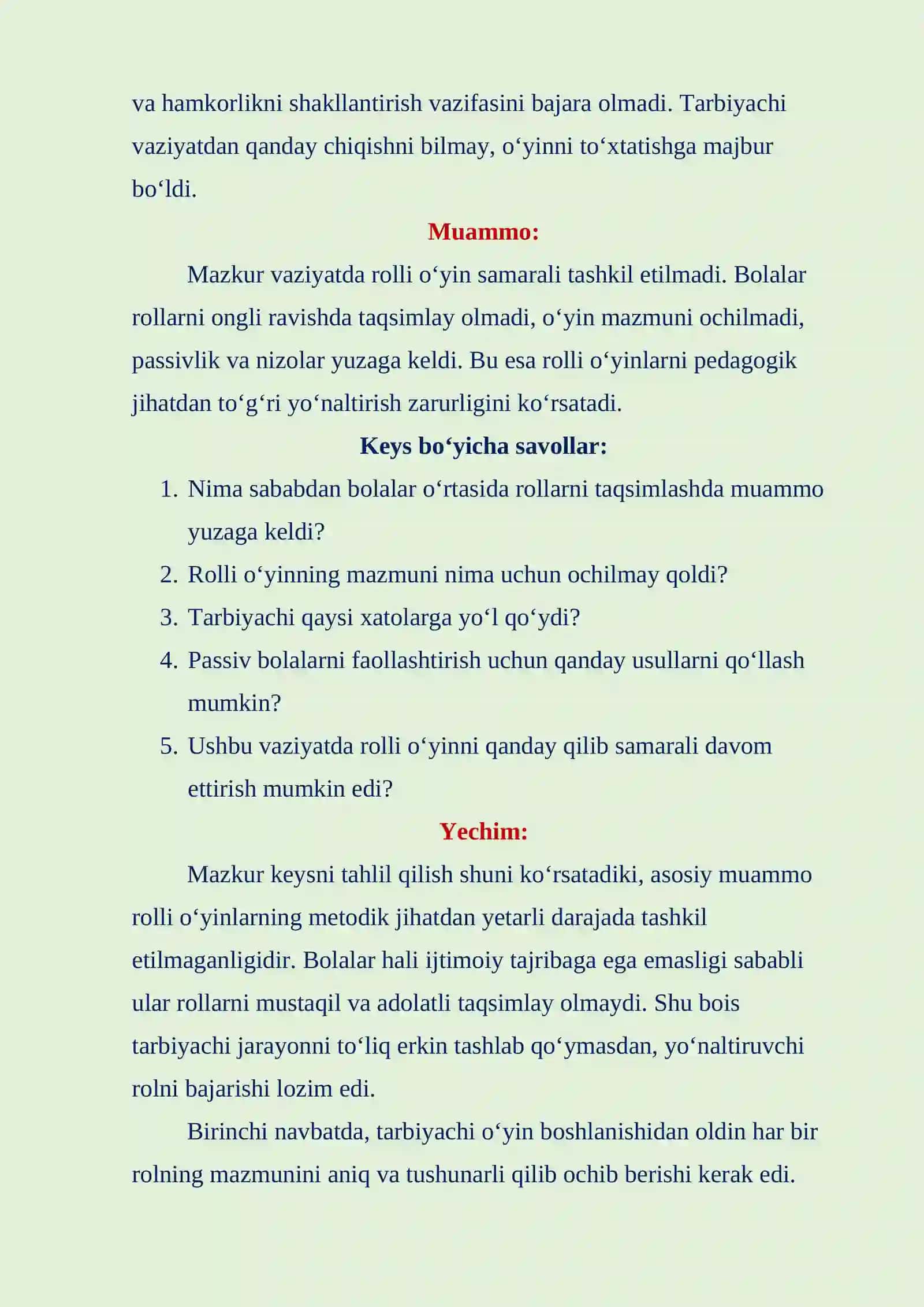 Maktabgacha tarbiya yoshida rolli o‘yinlarni tashkil etishdagi muammolar va ularni bartaraf etish 2