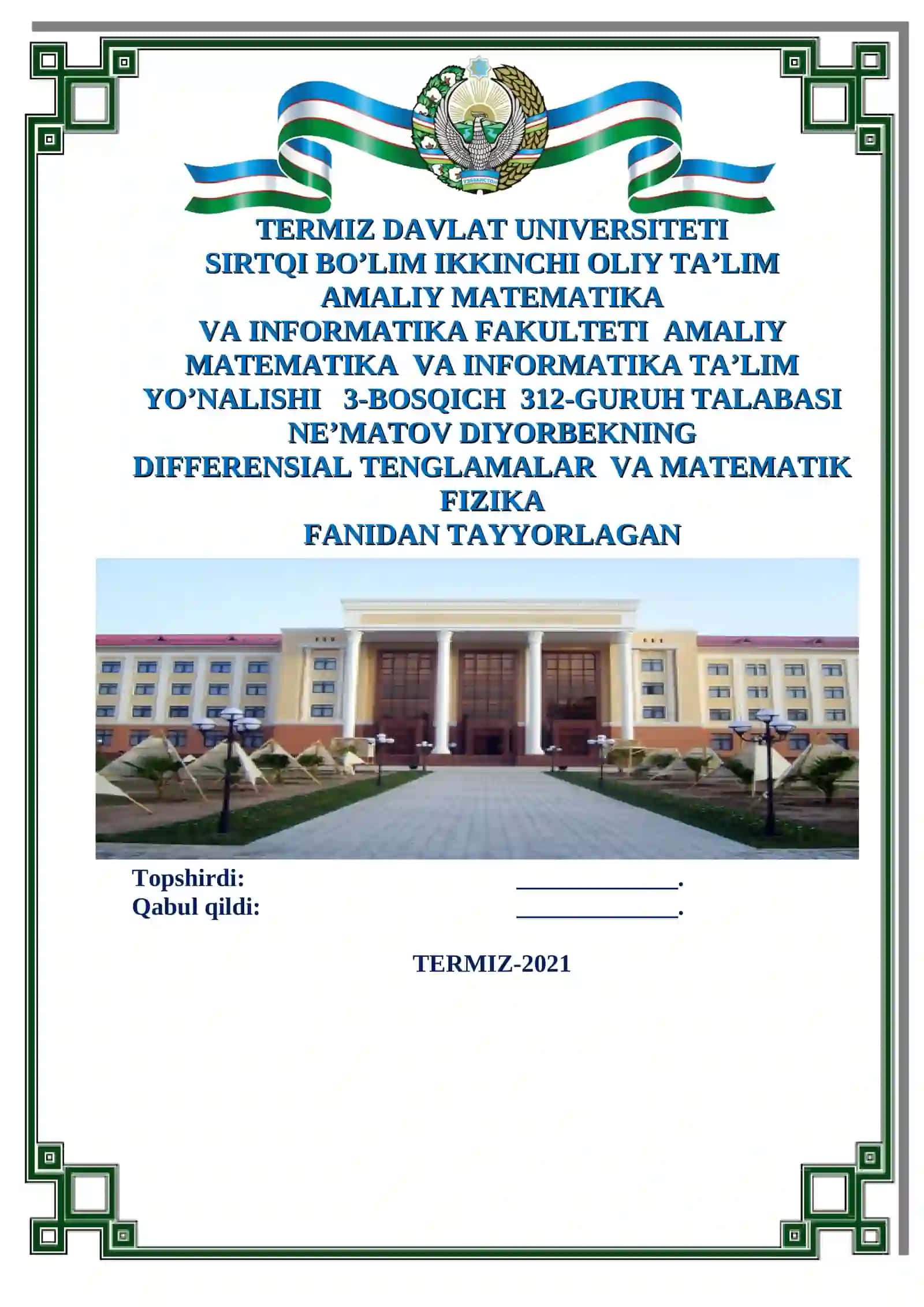 DIFFERENSIAL TENGLAMALAR VA MATEMATIK FIZIKA 2