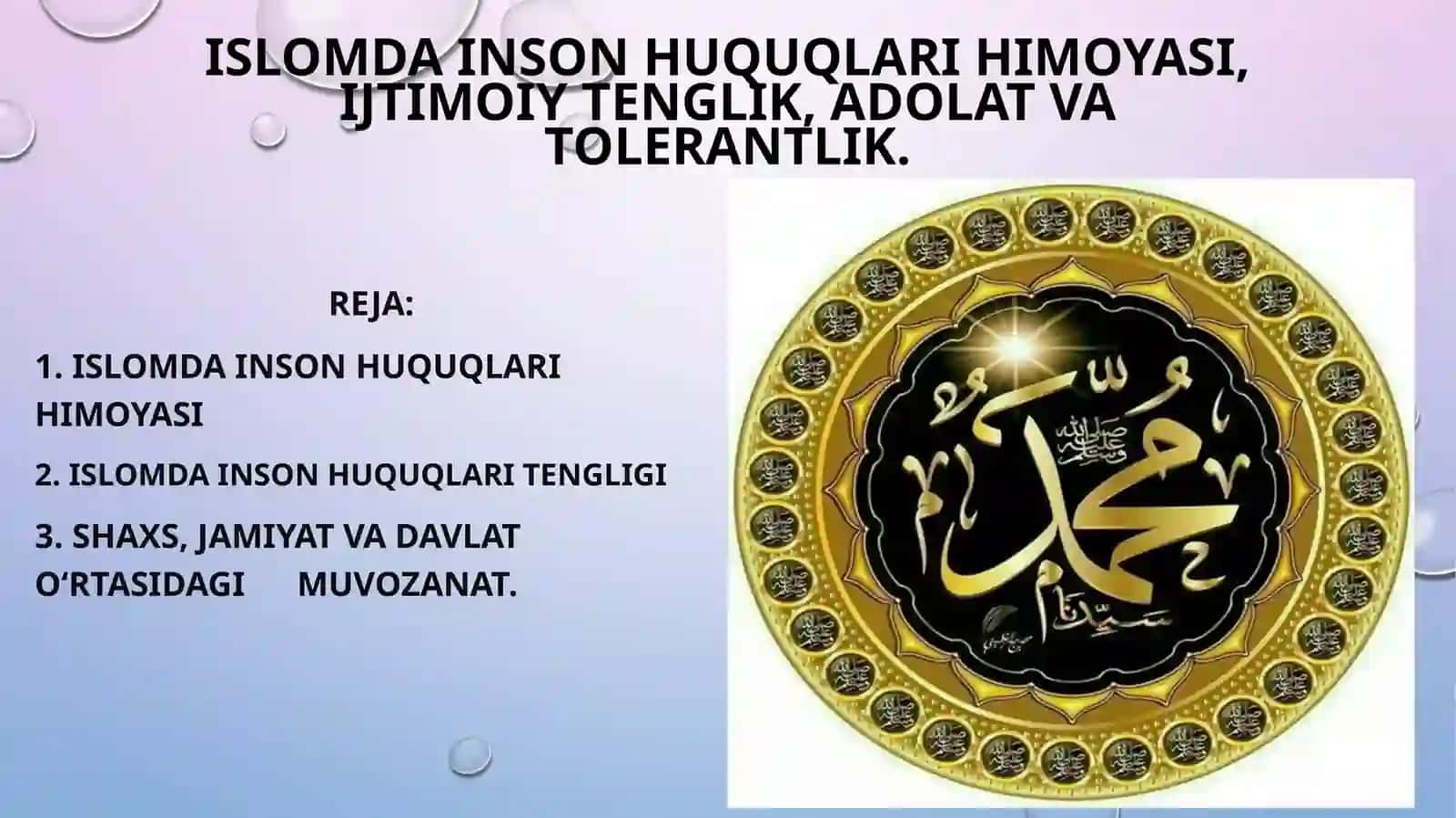Islomda inson huquqlari himoyasi, ijtimoiy tenglik, adolat va tolerantlik. 2