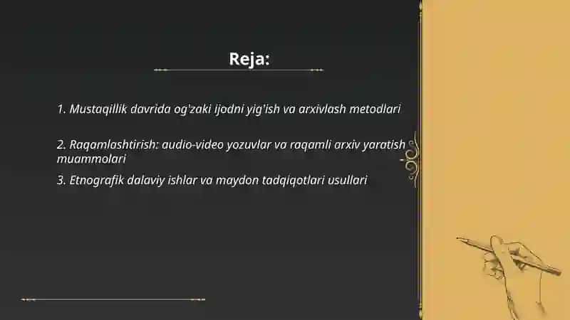 Mustaqillik davrida òzbek Xalq oĝzaki ijodi ni òrganishning yetakchi masalalari 2