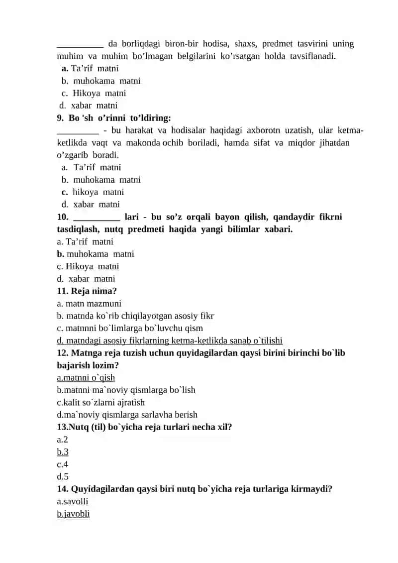 Akademik yozuv fanidan "MATNNI MA’NOVIY QISMLARGA BO‘LISH TAMOYILLARI.REJA.REJANING TURLARI" mavzusida test savollari (javoblari bilan) 2