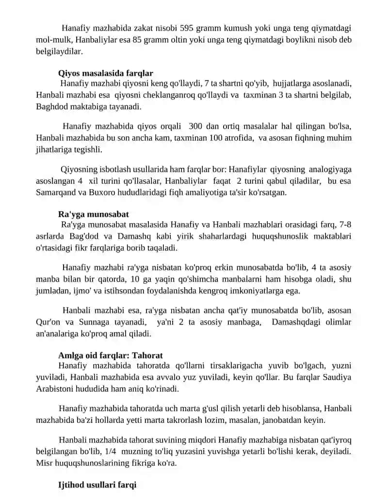Hanafiylik Xanbaliylik mazhabining o'zaro farqlari 2
