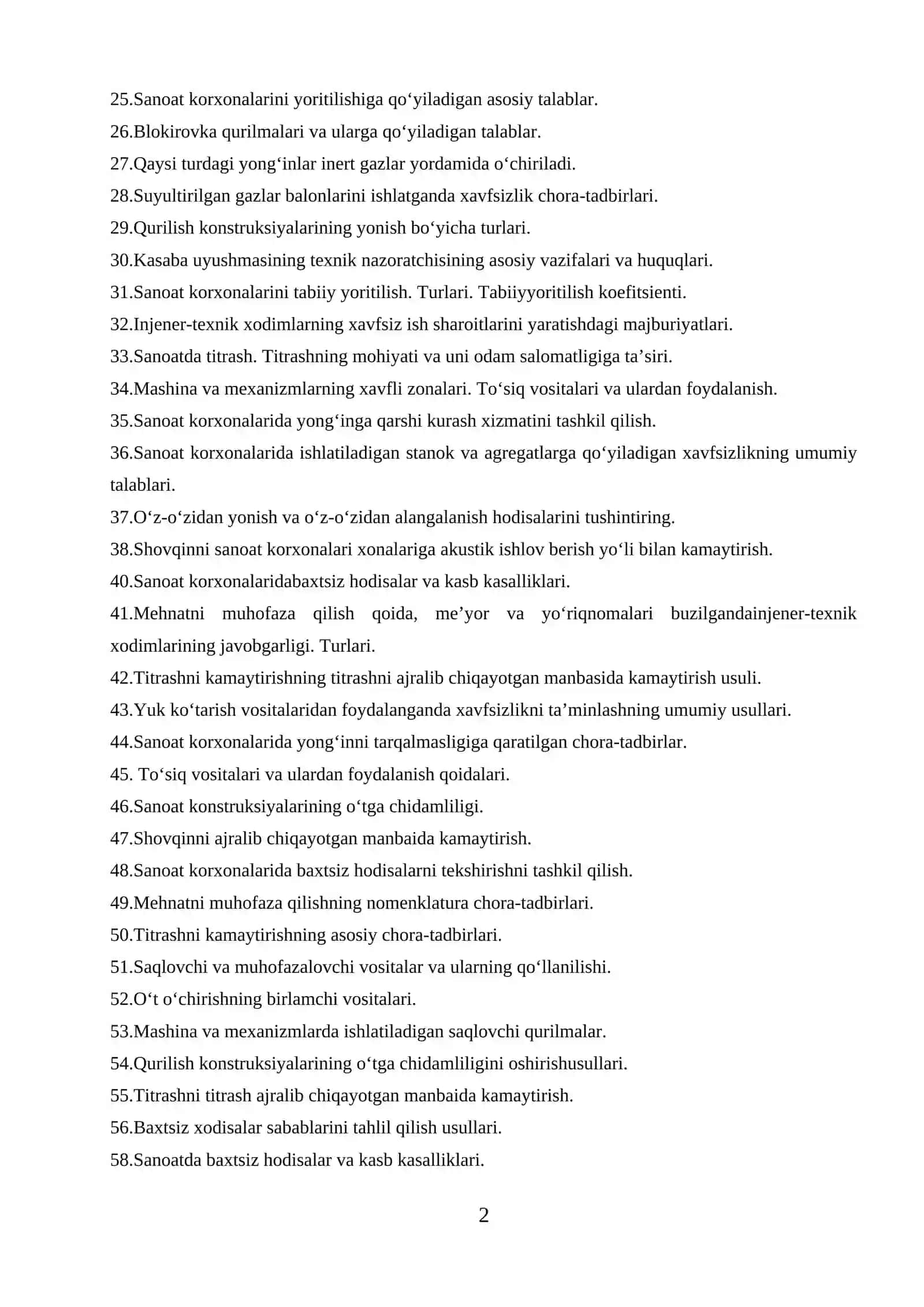 Hayot faoliyati xavfsizligi fanidan yakuniy nazorat savollari 2
